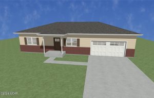 3D rendering of a ranch house with 2-car garage.